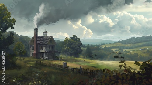 A quaint farmhouse nestled amidst rolling hills, smoke rising from the chimney, and a farmer returning home after a day's work. Convey coziness and solitude.