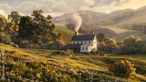 A quaint farmhouse nestled amidst rolling hills, smoke rising from the chimney, and a farmer returning home after a day's work. Convey coziness and solitude.