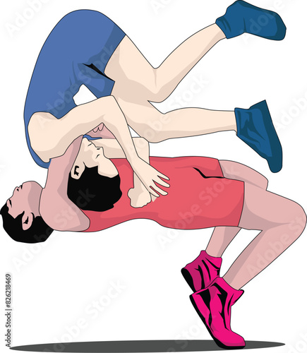 Wrestling Match Between Red and Blue-Clad Men