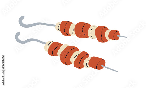 BBQ skewer. Kebab, shashlik, grilled meat with onion. Barbecue, fried and roasted beef, pork on metal stick. Summer snack, barbeque food, eating. Flat vector illustration isolated on white background