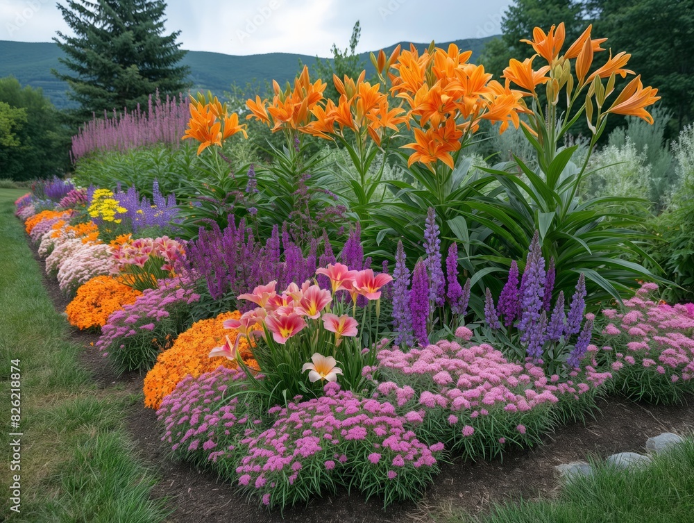 A garden with a variety of flowers including pink and orange lilies. The flowers are arranged in a row and are surrounded by grass