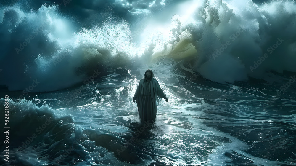 Fototapeta premium Jesus walks on water during a storm at sea waves ocean miracle