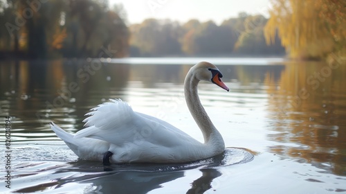 A swan gliding across a lake. 