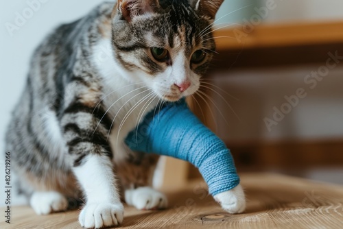 Bandage on front broken leg of a tabby kitten or a injured leg of a cat