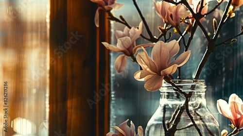  A vase brimming with pink blossoms perched atop a wooden windowsill