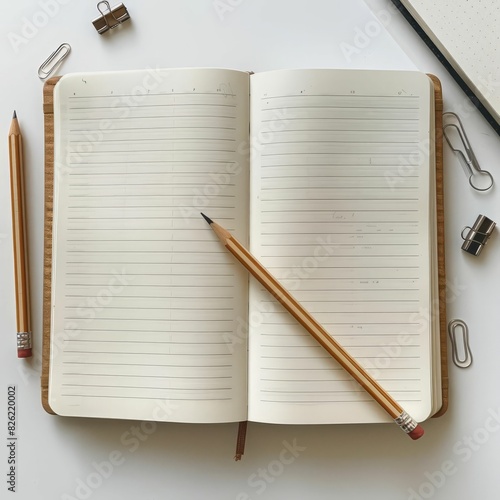 Blank notebook and pencil on white background. photo