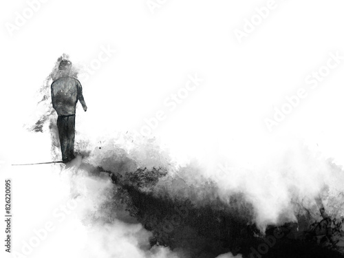 abstract figure watercolor painting black and white depression man.