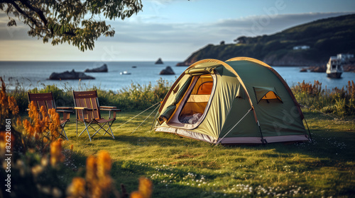 Wallpaper Mural Coastal camping at sunset with tent and chairs by the seaside cliffs in summer Torontodigital.ca