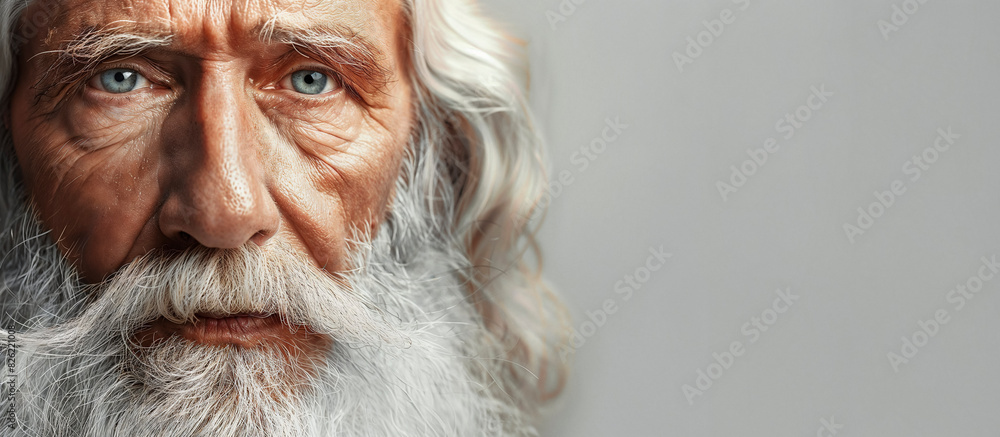 Intense portrait of an elderly man with striking eyes and a white beard. Intense portrait of an elderly man with striking eyes and a white beard.