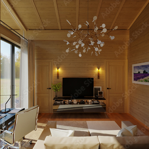 3D visualization of a bedroom with wooden frame house. Modern interior design
