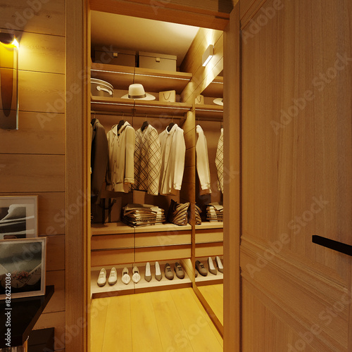 3D visualization of a walk-in closet in a frame house. Design of a small walk-in closet 