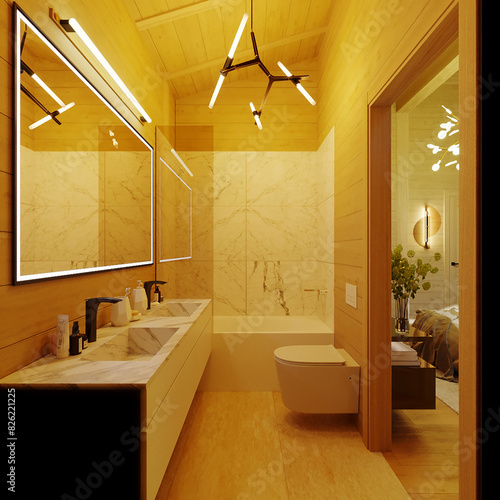 3D visualization of a modern bathroom in a frame house. Modern bathroom 
