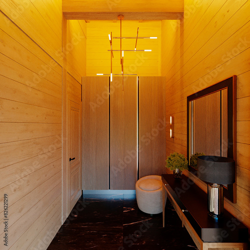 3D visualization of a modern hallway in a wooden house. Modern interior of the entrance area