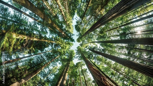   A cluster of towering trees adjacent to a verdant forest brimming with numerous tall trees