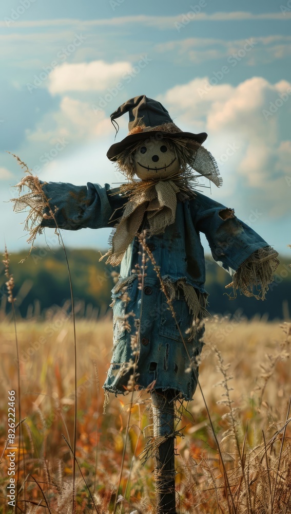 Scarecrow Focus on a traditional scarecrow in a field with a rural background, midday light, empty space left for text Scarecrow Focus on a traditional scarecrow in a field with a rural background, midday light, empty space left for text