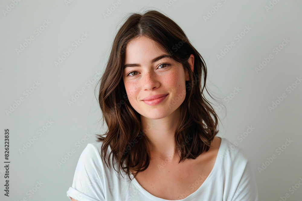 Obraz premium A woman with brown hair and a white shirt is smiling