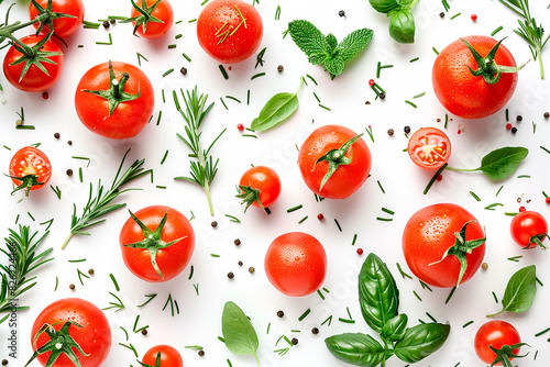 A close up of a bunch of tomatoes and herbs