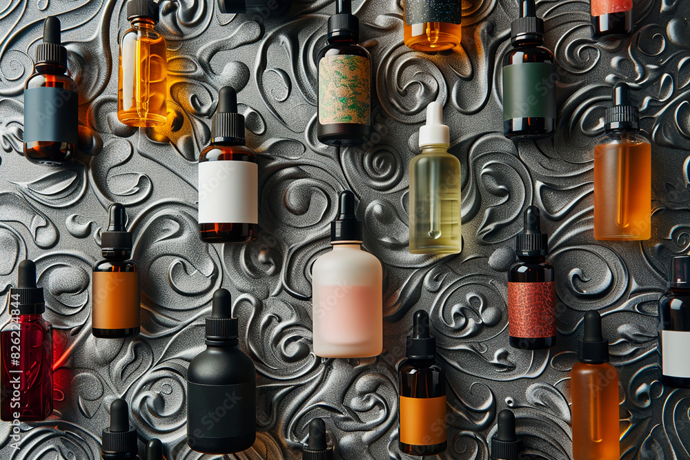 A collection of various colored bottles with different shapes and sizes A collection of various colored bottles with different shapes and sizes
