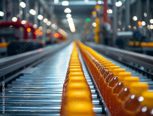 A conveyor belt with bottles of juice on it. The bottles are yellow and lined up