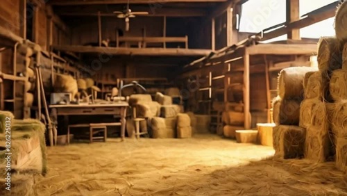 ustic Barn Interior with Hay Bales and Antique Farm Equipment photo