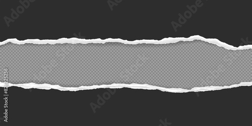 Black paper strips with torn edges and soft shadow are on squared background for text or ad.