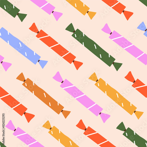 Candies pattern. Wrapped sweets, seamless background. Repeating print with co...