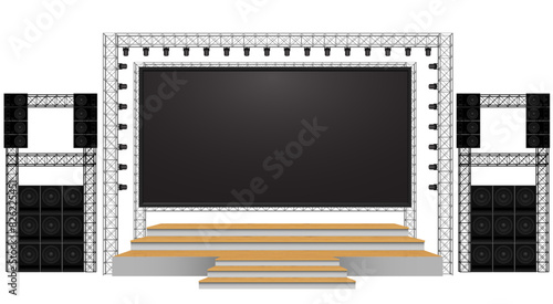 wooden stage and speaker with led screen on the truss system on the white background	