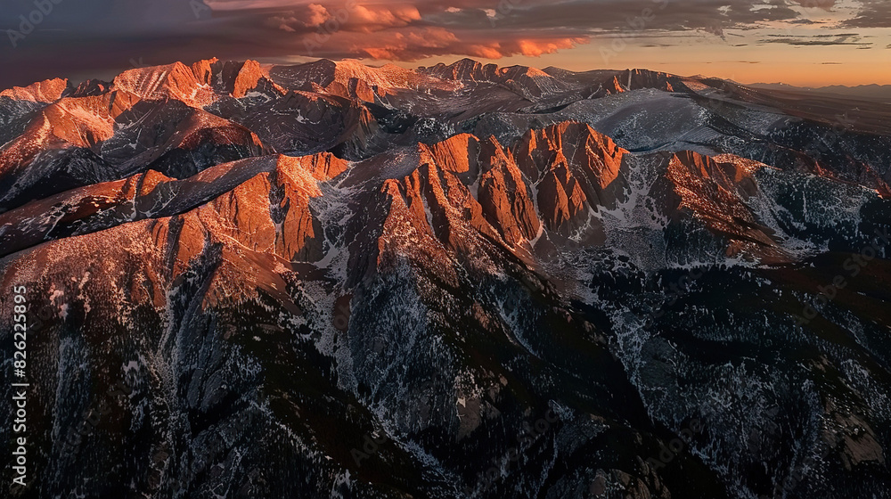 Obraz premium Aerial view of a sunset over a mountain range with clouds overhead