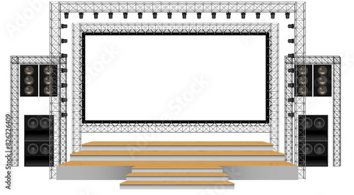 wooden stage and speaker with white screen on the truss system on the white background	
