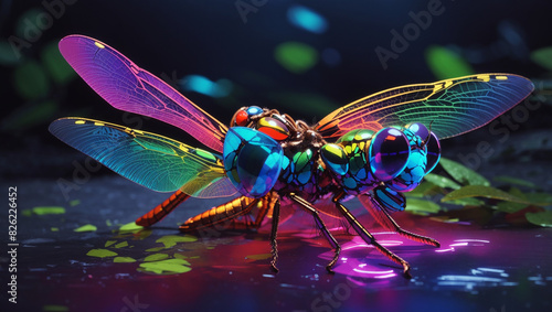 A dragonfly with iridescent wings and a shiny body is sitting on a surface with colorful lights reflecting all around it.