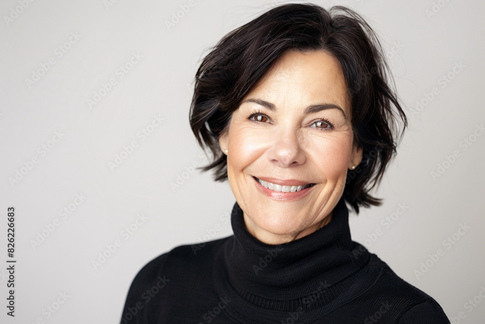 The woman is looking directly at the camera, exuding confidence and warmth The woman is looking directly at the camera, exuding confidence and warmth