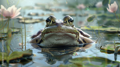 A frog sits in a tranquil pond surrounded by lily pads and blooming water lilies on a calm, sunny day. © Navaporn