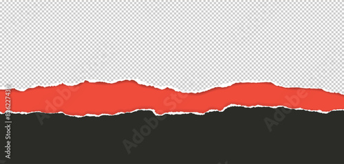 White and black paper strips with torn edges and soft shadow are on red background for text or ad.