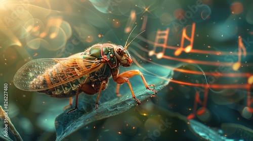 Single cicada on a branch, emitting circular sound waves with musical notes integrated © Татьяна Креминская