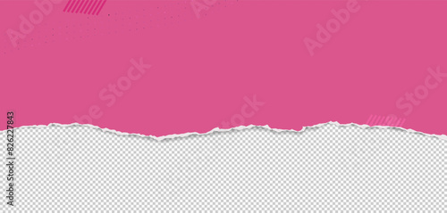 White paper strip with torn edge and soft shadow is on grey squared background for text or ad.