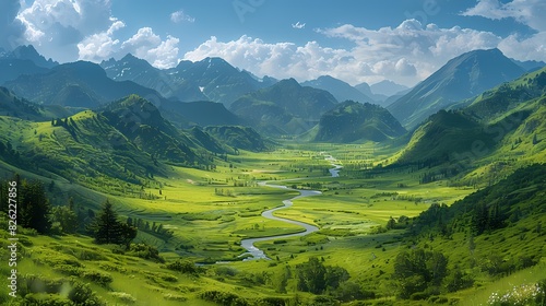 A stunning view of a verdant valley carpeted in green, with mountains in the distance and a meandering river flowing through the landscape © faizan muhammad