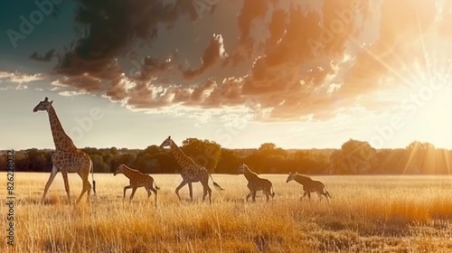  A group of giraffes strolling through a parched field, bathed in sunlight filtering through clouded skies