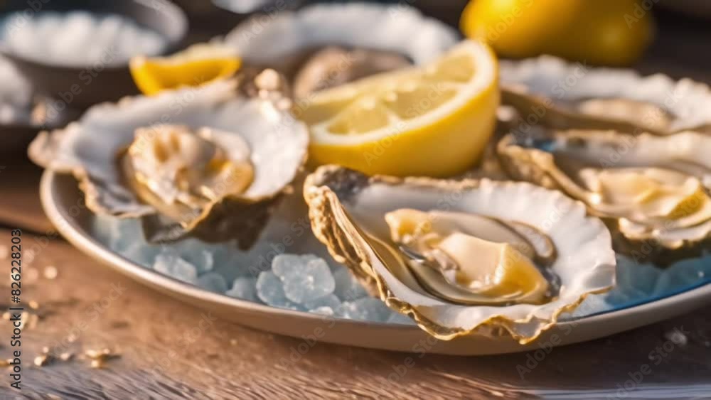 Fresh Oysters on white plate with lemon on blurred seascape background. Healthy seafood. Fresh Oyster in open air restaurant. Gourmet food. Copy space Fresh Oysters on white plate with lemon on blurred seascape background. Healthy seafood. Fresh Oyster in open air restaurant. Gourmet food. Copy space