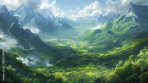 A stunning view of a verdant valley carpeted in green  with mountains in the distance and a meandering river flowing through the landscape