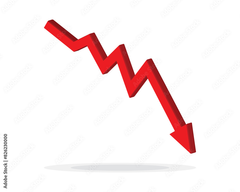 Red 3d arrow going down stock icon on white background. Bankruptcy, financial market crash icon for your web site design, logo, app, UI. graph chart downtrend symbol.chart going down sign. Red 3d arrow going down stock icon on white background. Bankruptcy, financial market crash icon for your web site design, logo, app, UI. graph chart downtrend symbol.chart going down sign.