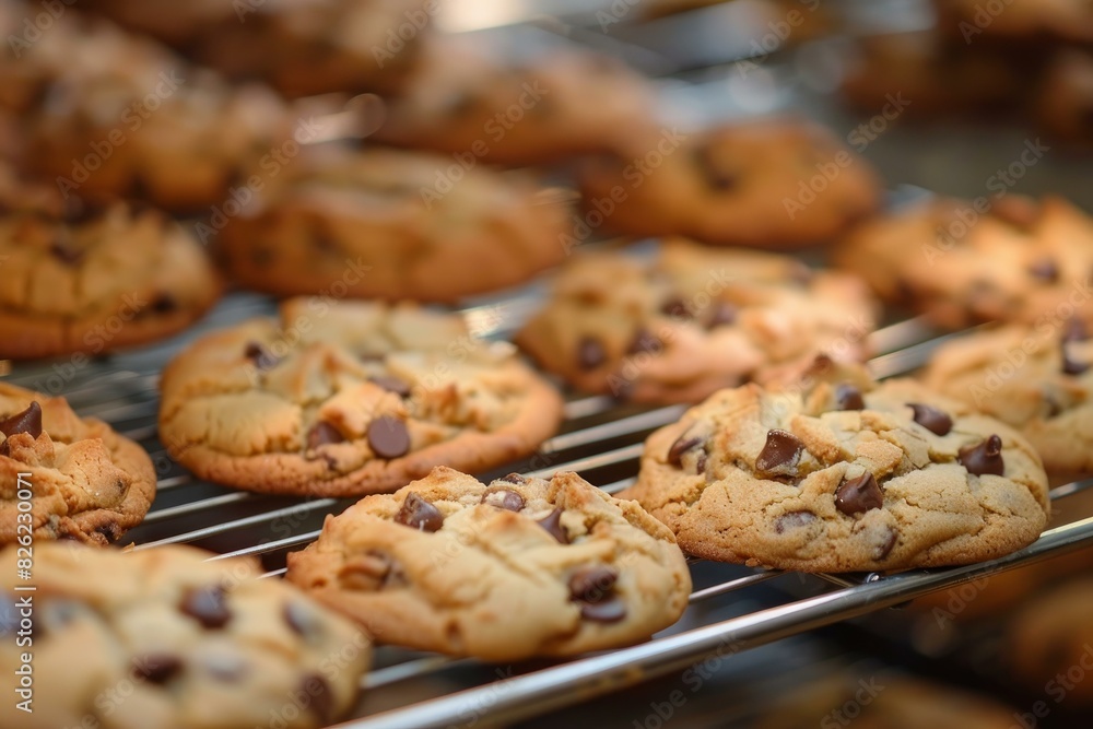 Closeup of delicious homemade chocolate chip cookies cooling on a wire rack