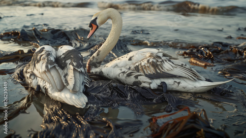 Young white swans were smeared in fuel oil. One swan died and hung its head down. The second swan mourns him. The concept of pollution of natural water photo