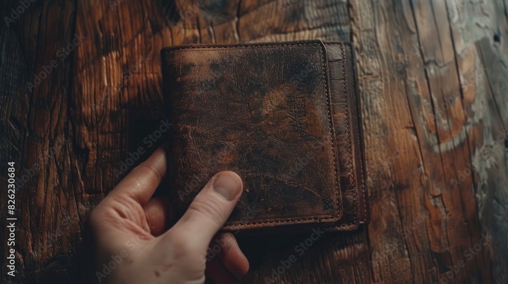 Wallet placed on a wooden table with a hand above it representing the concept of travel