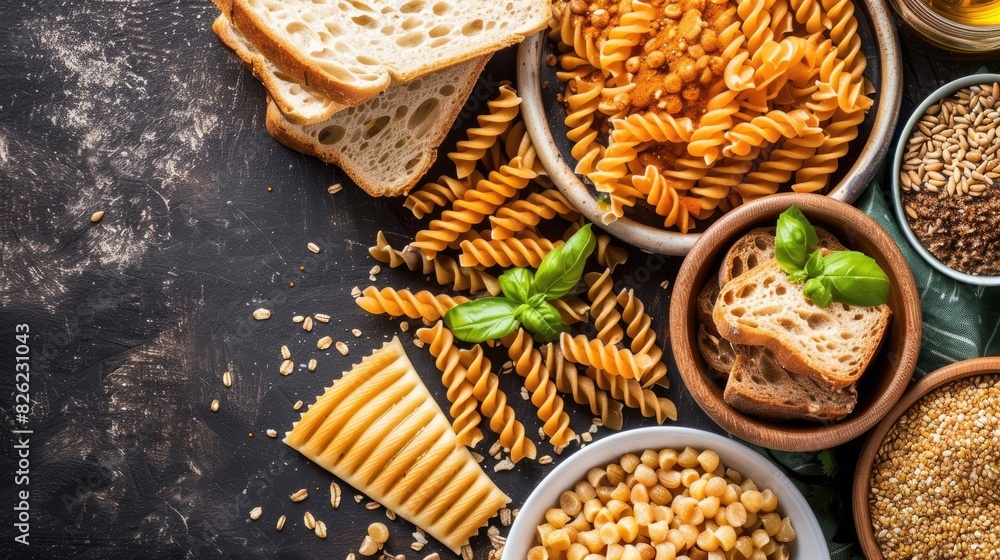 Cereals and whole grains with bread, pasta, and grains on a dark background top view