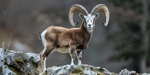 European moufflon in a field with trees in the background photo