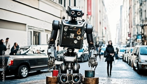 A charming street performing robot entertaining passersby in a bustling urban setting, featuring a unique design.. AI Generation photo