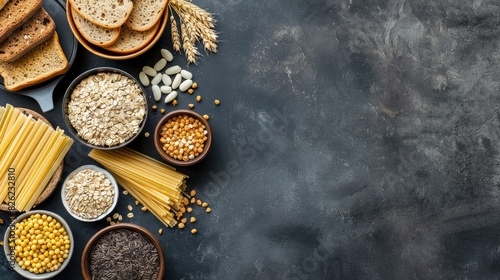 Cereals and whole grains with bread, pasta, and grains on a dark background top view