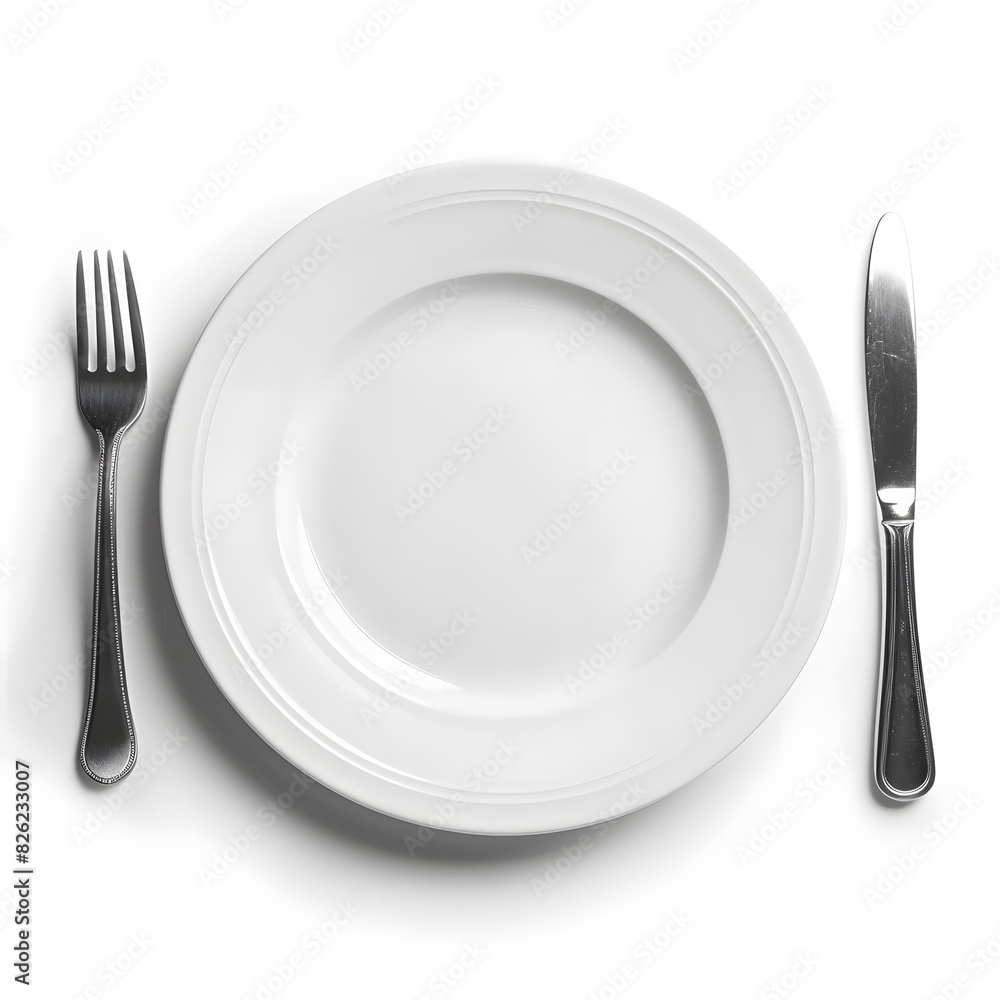 Empty white plate, fork and knife top view mock up isolated on white Empty white plate, fork and knife top view mock up isolated on white