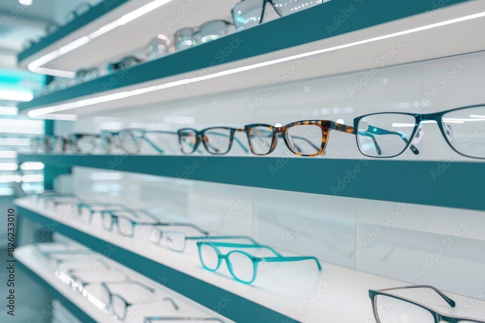 shelves with different glasses in an optics store. sale of glasses, vision correction shelves with different glasses in an optics store. sale of glasses, vision correction