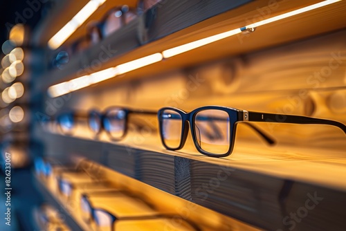 shelves with different glasses in an optics store. sale of glasses, vision correction